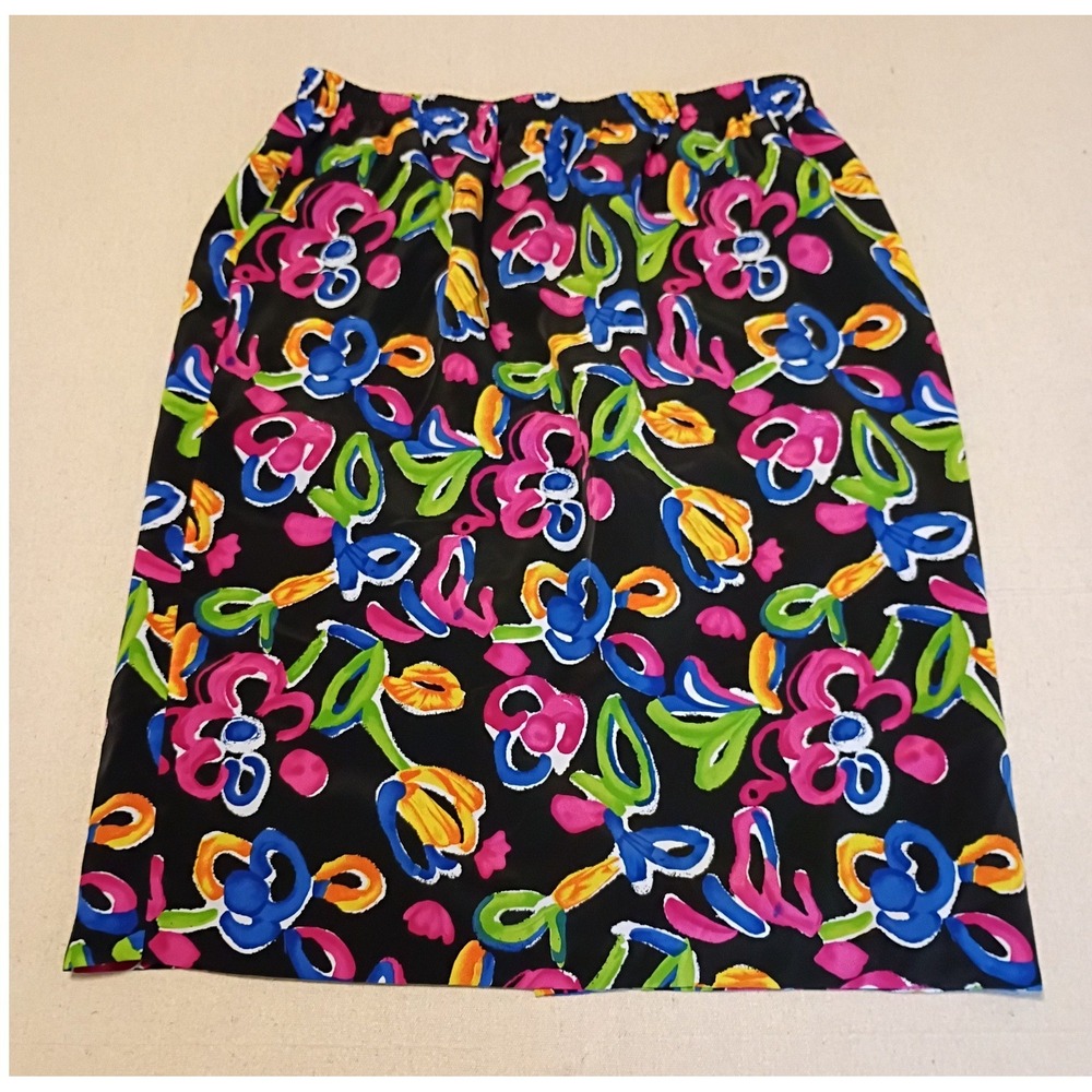 Graver Studio Women Floral Midi Skirt Black Pink Abstract Elastic Waist L A36372
